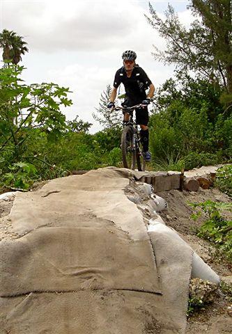 A mountain biker riding over a rocky trail surrounded by greenery, with palm trees in the background. The biker is dressed in a black cycling outfit and wearing a helmet. Amelia Earhart Park mountain bike trail.