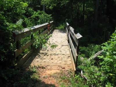 A wooden footbridge surrounded by lush greenery, leading into a wooded area. The bridge features a simple railing and is partially covered by overgrown plants. Sunlight filters through the trees, illuminating the pathway. Noxubee Crest mountain bike trail.