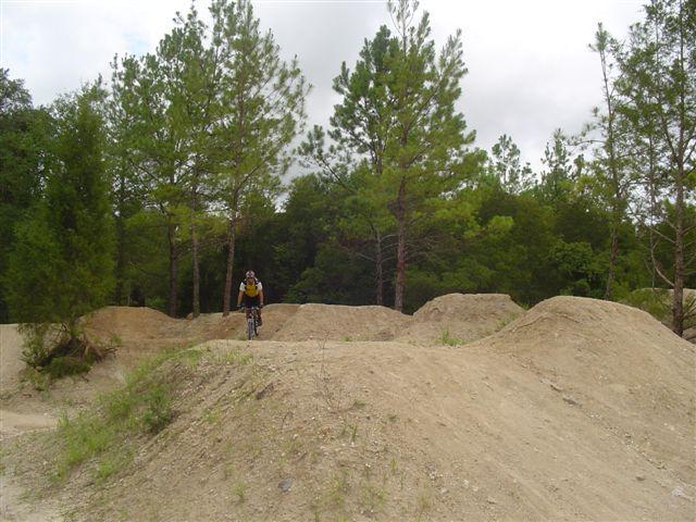 A mountain biker wearing a helmet rides over dirt jumps in a wooded area. The landscape features several mounds of dirt surrounded by tall pine trees under a cloudy sky. Santos mountain bike trail.