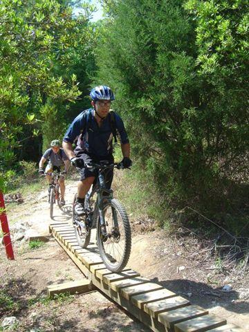 Two mountain bikers navigating a wooden plank bridge on a dirt trail surrounded by greenery. One rider is in the foreground, wearing a helmet and cycling gear, while the other follows behind. Sunlight filters through the trees, creating a vibrant outdoor scene. Santos mountain bike trail.