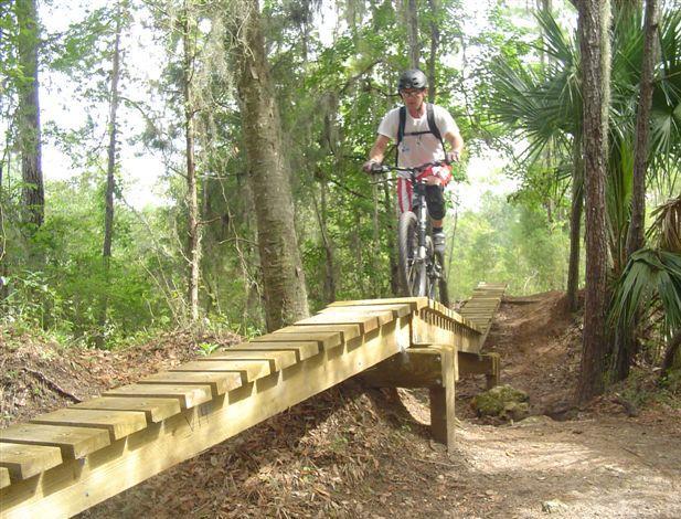 A person riding a mountain bike on a narrow wooden bridge in a forested area. The path is surrounded by trees and underbrush, with sunlight filtering through the leaves. Santos mountain bike trail.