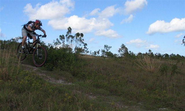 A mountain biker in a helmet and gear jumping over a small hill on a dirt trail, surrounded by grassy fields and scattered trees under a blue sky with white clouds. Balm Boyette Scrub Preserve mountain bike trail.