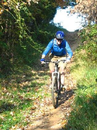 A person wearing a blue helmet and a blue jacket is riding a mountain bike on a narrow, leaf-covered trail surrounded by greenery. Sunlight filters through the trees, illuminating the path ahead. Colvin Run Trail mountain bike trail.