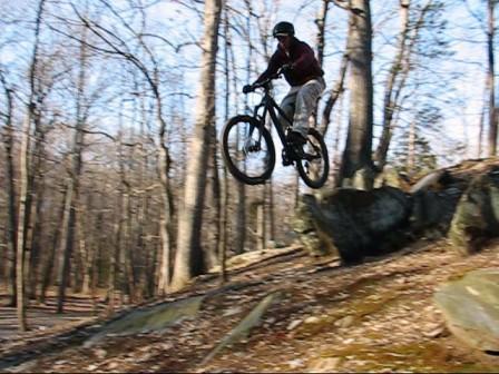 A mountain biker performing a jump off a rock in a forested area, surrounded by trees, with the ground covered in leaves and stones. Colvin Run Trail mountain bike trail.