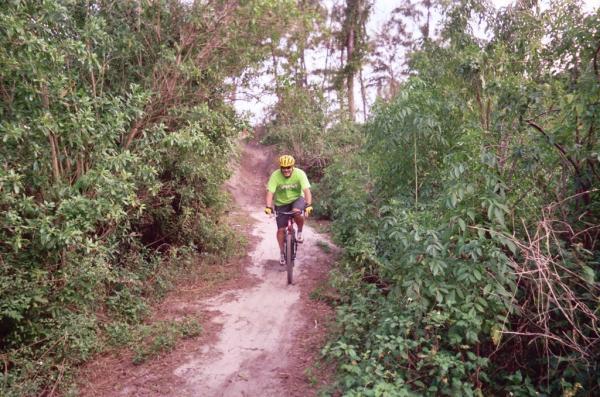 A mountain biker wearing a bright yellow helmet and a green shirt rides along a sandy trail surrounded by lush greenery and trees. Amelia Earhart Park mountain bike trail.
