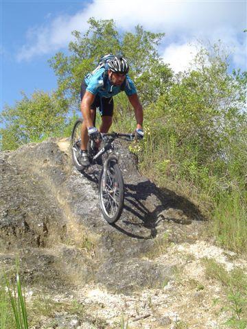 A mountain biker navigating a rocky incline, wearing a blue jersey and helmet, surrounded by greenery under a clear sky. Santos mountain bike trail.
