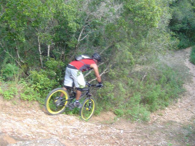 A person riding a mountain bike down a dirt path, surrounded by greenery and trees. The cyclist is wearing a black helmet, a red and black shirt, and light-colored shorts, focusing on navigating the steep descent. Santos mountain bike trail.