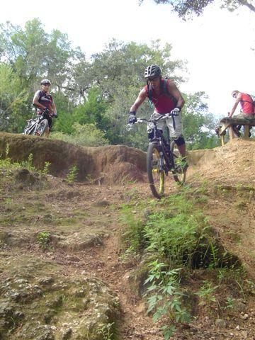 Mountain bikers navigating a rocky trail in a wooded area. One rider is descending a steep incline, while two other cyclists are positioned nearby on the trail, observing the descent. The scene is filled with greenery and natural terrain. Santos mountain bike trail.