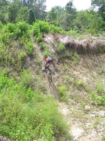 A mountain biker riding down a steep, uneven slope surrounded by lush greenery and sparse vegetation. Santos mountain bike trail.