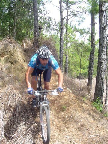 A cyclist in a blue and black outfit navigating a dirt trail surrounded by trees. The rider leans forward on a mountain bike, showcasing an action pose while riding through a forested area. Santos mountain bike trail.