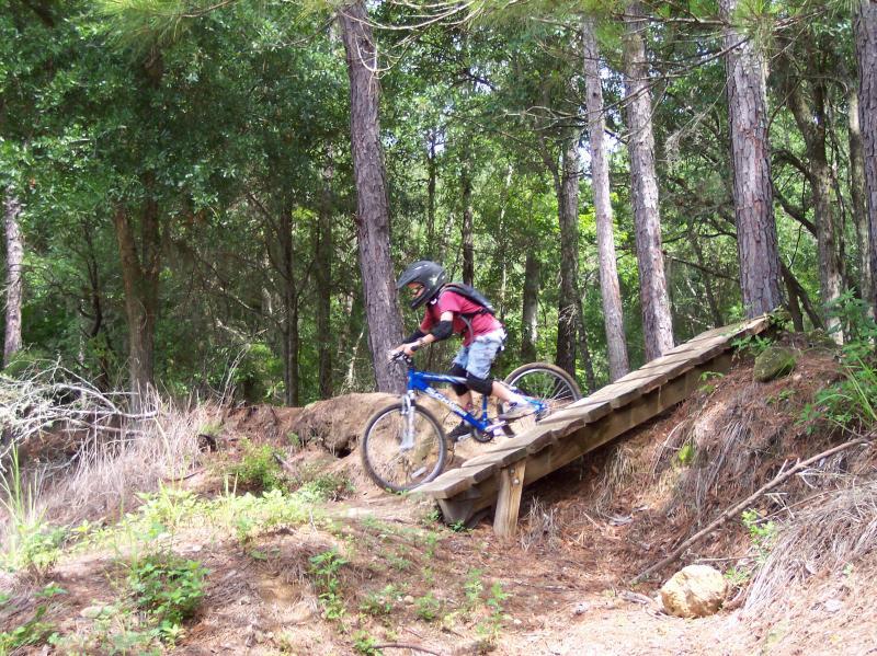 A child wearing a helmet rides a blue bicycle down a wooden ramp in a forested area. Tall trees and greenery surround the scene, providing a natural backdrop. The child is in motion, positioned to navigate the ramp as they descend. Santos mountain bike trail.