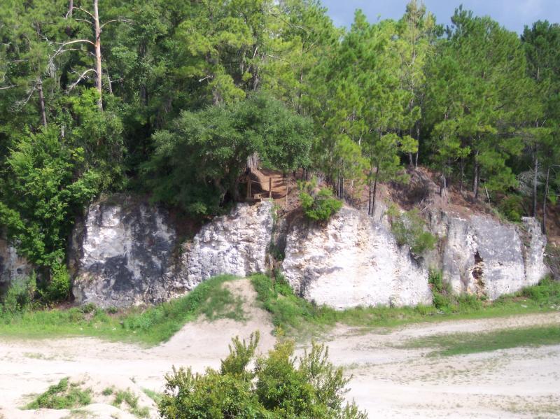 A scenic view of a steep, rock cliff partially covered with greenery, featuring various trees and shrubs. The terrain in the foreground is sandy, suggesting a riverbank or similar natural setting. The sky is partially cloudy, adding a serene atmosphere to the landscape. Santos mountain bike trail.