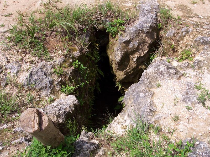 A narrow opening in rocky terrain surrounded by grass and small plants, revealing a dark void beneath. A wooden post is positioned nearby. Santos mountain bike trail.