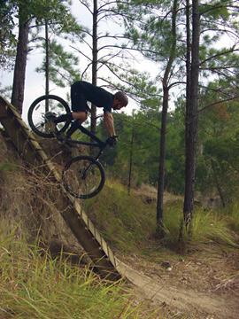 A mountain biker descending a wooden ramp on a trail surrounded by tall green trees and grass. The rider is leaning forward, focused on navigating the slope. Santos mountain bike trail.