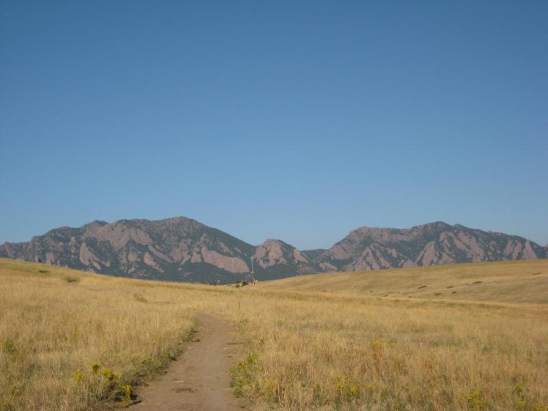 A dirt path winding through a yellow grassy field, leading towards mountains under a clear blue sky. The mountains have rocky, jagged peaks. Marshall Road Open Spaces mountain bike trail.