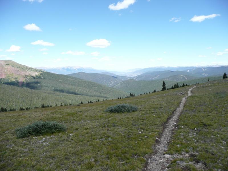 A wide view of a mountainous landscape with rolling hills covered in trees, stretching towards distant peaks under a clear blue sky with scattered clouds. A narrow dirt path winds through the grassy foreground, inviting exploration amidst the natural scenery. Colorado Trail: Kenosha Pass To Breckenridge mountain bike trail.