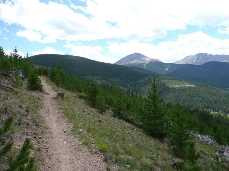 A scenic hiking trail winding through a green forested area, lined with small pine trees, leading towards distant mountains under a partly cloudy sky. The path is dirt and appears well-trodden, inviting outdoor exploration. Colorado Trail: Kenosha Pass To Breckenridge mountain bike trail.