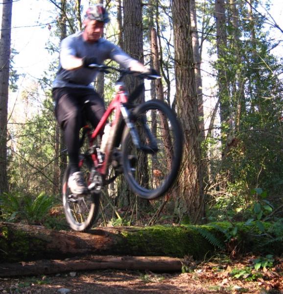 A cyclist performing a jump over a log in a wooded area, captured in motion with trees and ferns in the background. Big Finn Hill mountain bike trail.