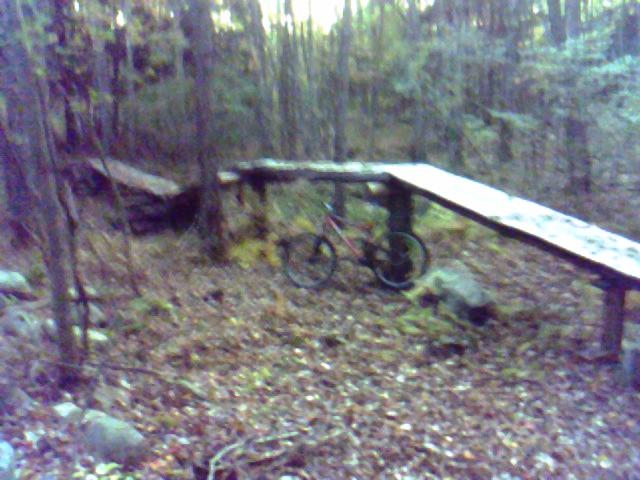 A mountain bike is propped up next to a wooden ramp in a forested area, surrounded by fallen leaves and rocks. The scene is slightly blurred, indicating low light, with trees in the background. Bradbury Mt State Park mountain bike trail.