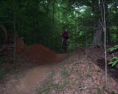 A mountain biker in mid-air, jumping over a dirt ramp on a trail surrounded by dense greenery and trees. The trail is narrow, and the ground is covered with leaves and small plants. Itusi @ Lake Norman State Park mountain bike trail.
