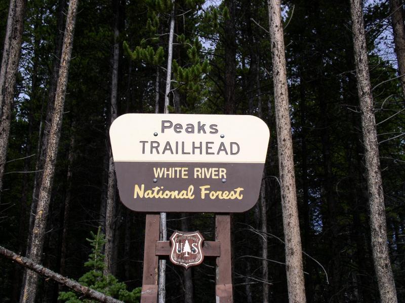 Sign for Peaks Trailhead in White River National Forest, surrounded by tall trees. The sign features the text "Peaks TRAILHEAD" at the top and "WHITE RIVER National Forest" below, alongside a U.S. Forest Service emblem. Peaks Trail mountain bike trail.