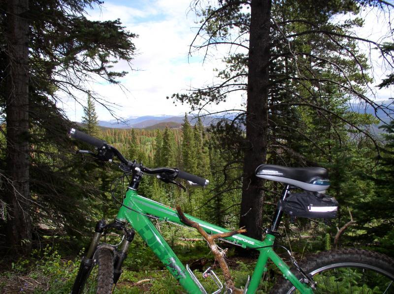 A green mountain bike is positioned in the foreground, partially obscured by trees. In the background, a scenic view of rolling hills and a cloudy sky is visible, showcasing a dense forest landscape. Peaks Trail mountain bike trail.