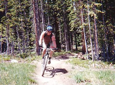 A person riding a mountain bike along a dirt trail in a forested area, surrounded by tall trees and greenery. The rider is wearing a helmet and appears to be navigating the trail with an athletic posture. Trestle Bike Park mountain bike trail.