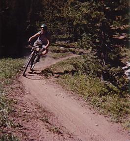 A person riding a mountain bike on a dirt trail surrounded by trees, leaning into a turn with dust rising from the ground. Trestle Bike Park mountain bike trail.