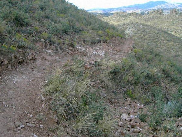 A winding dirt trail surrounded by sparse vegetation and rocky terrain, set on a hillside with distant mountains visible under a cloudy sky. Devil's Backbone mountain bike trail.