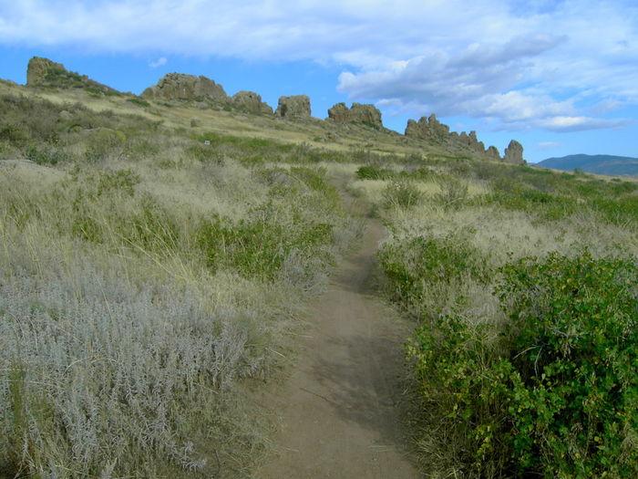 A dirt path winding through a grassy landscape, leading towards rocky formations under a blue sky with wispy clouds. Surrounding vegetation includes dry grasses and patches of green shrubbery. Devil's Backbone mountain bike trail.