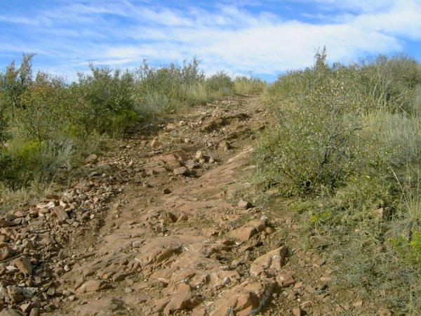A rocky hiking trail winding uphill, surrounded by sparse bushy vegetation under a partly cloudy blue sky. Devil's Backbone mountain bike trail.