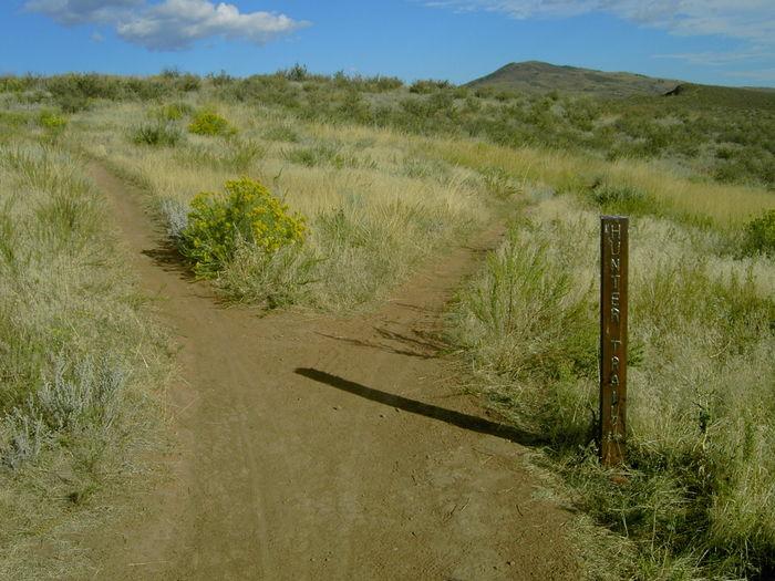 A dirt path splits into two directions at a junction, marked by a wooden sign that reads "HUNTER TRAIL." Surrounding the path are grassy areas and small shrubs under a blue sky with some clouds. Devil's Backbone mountain bike trail.