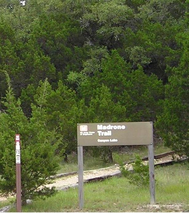 Sign for Madrone Trail located at Canyon Lake, surrounded by lush greenery and trees. Madrone Trail mountain bike trail.