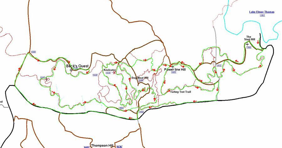 A detailed trail map highlighting various hiking routes and hills, including Beck