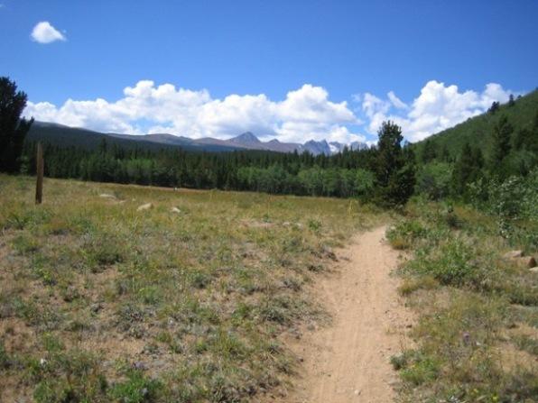A dirt path winding through a grassy field, bordered by trees, with mountains in the background under a bright blue sky filled with fluffy white clouds. Sourdough Trail mountain bike trail.