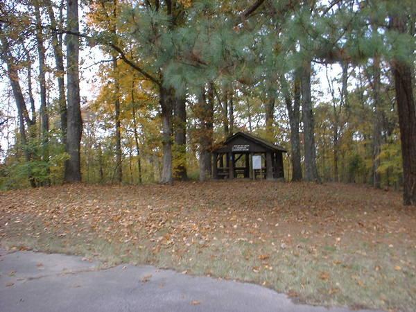 A small wooden gazebo situated on a grassy hill surrounded by autumn-colored trees, with a carpet of fallen leaves covering the ground. A paved path leads towards the gazebo, inviting visitors to enjoy the serene natural setting. Bluff Trail mountain bike trail.