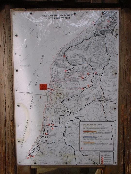 Map of Meeman-Shelby Forest State Park trails, displaying various hiking paths and points of interest. The map is mounted on a wooden post and includes key symbols, trail numbers, and a legend for navigation. Bluff Trail mountain bike trail.