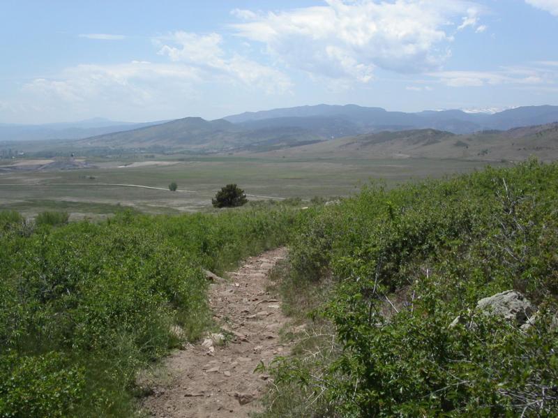 A winding dirt path leading through lush green vegetation, with rolling hills and mountains in the background under a partly cloudy sky. The landscape features a mix of open fields and distant snow-capped peaks. Rabbit Mountain Loop mountain bike trail.