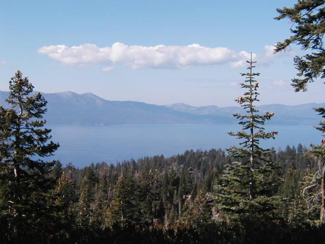 A panoramic view of a tranquil lake surrounded by mountains, with lush evergreen trees in the foreground. The sky is clear with a few fluffy clouds, reflecting a serene and natural landscape. Genoa Peak mountain bike trail.