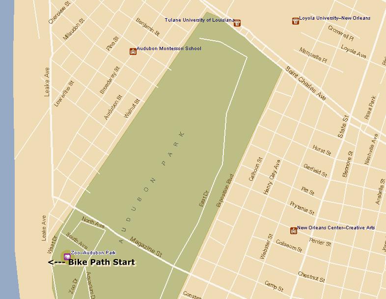 Map of Audubon Park in New Orleans, showing the park