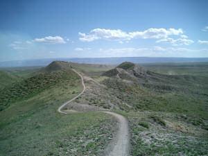 A winding dirt path leading through rolling green hills under a clear blue sky with scattered clouds. Zippety Do Dah mountain bike trail.
