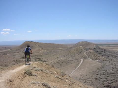A mountain biker riding along a dirt trail on a hilly landscape under a clear blue sky, with winding paths visible in the distance. Zippety Do Dah mountain bike trail.