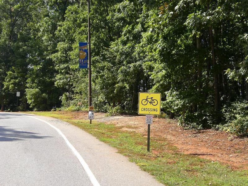 A winding road bordered by dense greenery, featuring a yellow bicycle crossing sign and a nearby banner depicting a lion. Colonel Francis Beatty Park mountain bike trail.