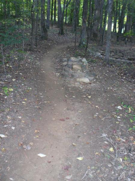A winding dirt path through a wooded area, surrounded by trees and scattered fallen leaves. A small rock structure is visible on the left side of the trail. Colonel Francis Beatty Park mountain bike trail.