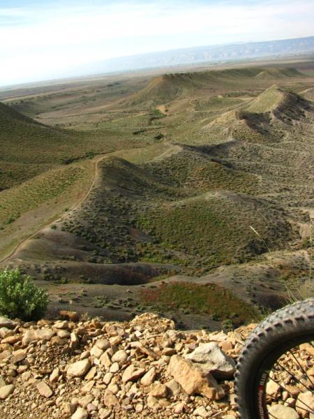 A panoramic view of rolling hills and valleys in a rugged landscape, with a foreground showing a bicycle tire resting on rocky ground. The terrain is covered with sparse vegetation and dotted with shrubs, under a clear blue sky. Zippety Do Dah mountain bike trail.