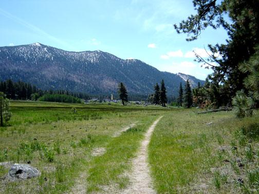 A scenic view of a dirt path winding through a grassy field, leading towards a range of mountains in the background. The mountains are partially covered in snow, and the sky is bright blue with a few clouds. Lush green trees are visible on either side of the path, creating a serene and natural landscape. Lam Watah Interpretive Trail mountain bike trail.