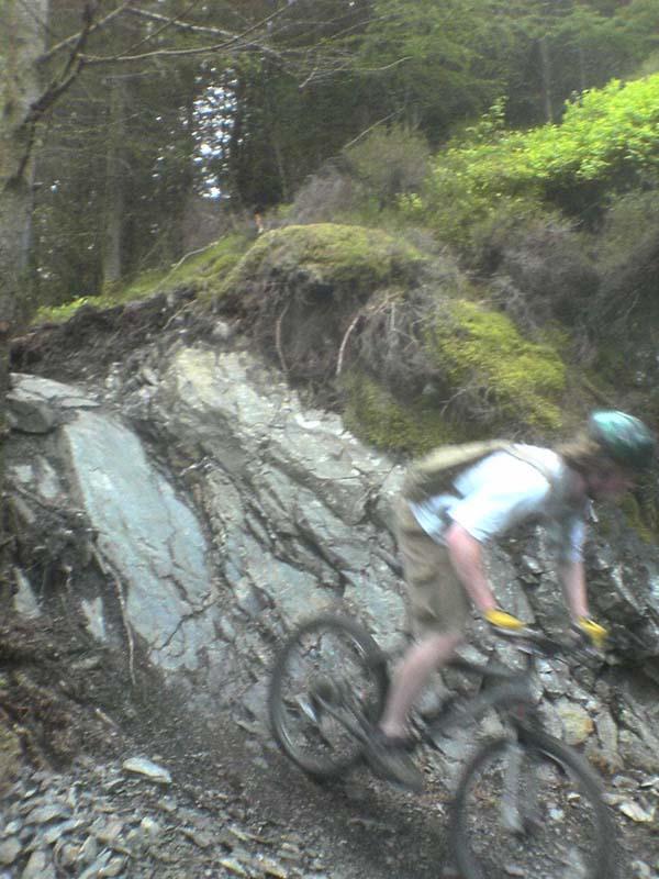 A blurred image of a cyclist navigating a rocky downhill trail surrounded by trees and greenery. The cyclist is wearing a helmet, gloves, and a backpack, leaning forward on a mountain bike as they maneuver over the uneven terrain. Kirroughtree mountain bike trail.