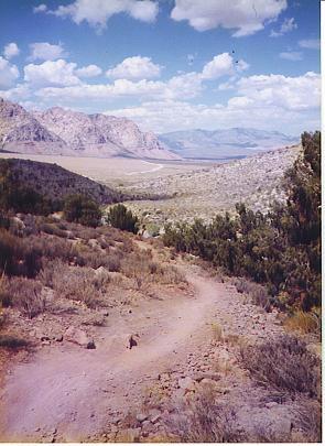 A winding dirt trail leads through rugged terrain, surrounded by sparse shrubs and vegetation, with majestic mountain ranges in the background under a partly cloudy blue sky. Blue Diamond mountain bike trail.