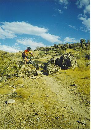 A mountain biker in an orange and yellow jersey prepares to navigate a rocky trail in a desert landscape under a bright blue sky with scattered clouds. The terrain features sparse vegetation and rugged rocks. Blue Diamond mountain bike trail.