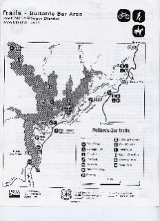 Map of the Bullards Bar area highlighting various trails for hiking, biking, and horseback riding, with symbols indicating different trail types and features. Bullards Barr Trail mountain bike trail.